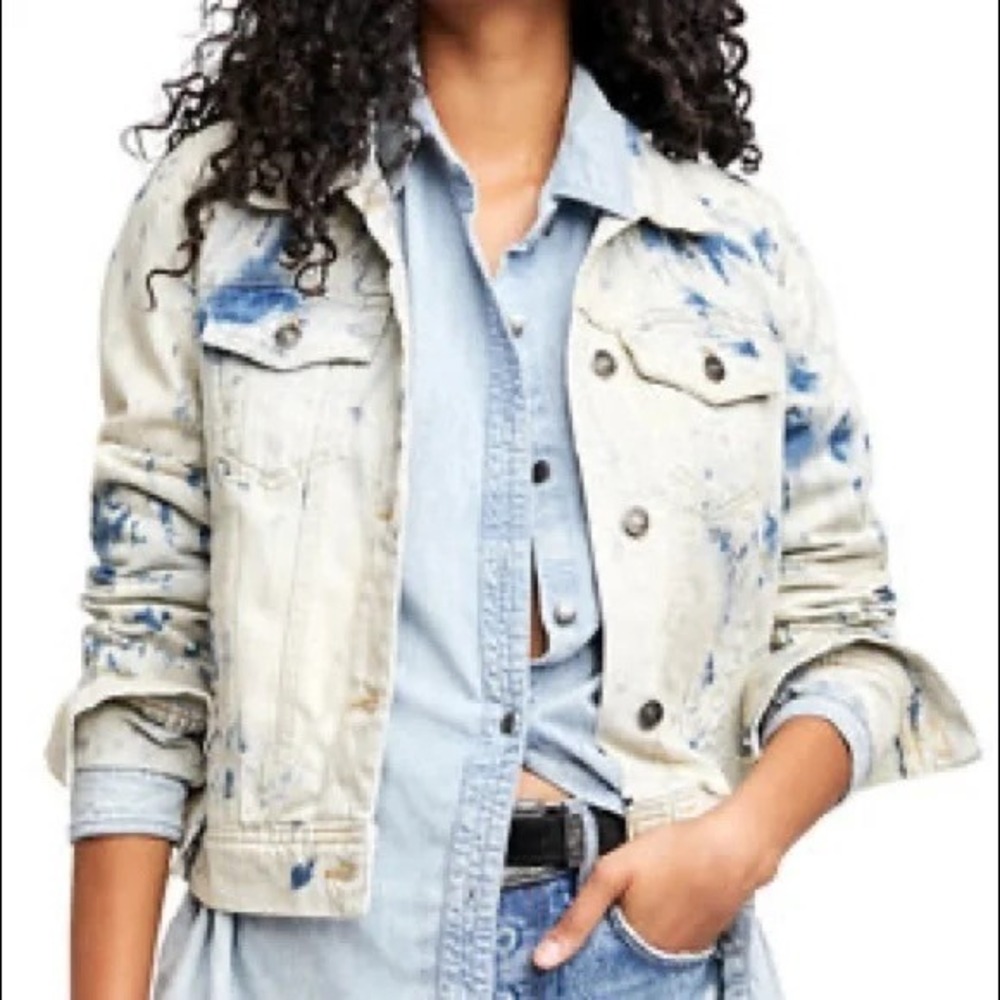 Free People Jones Tie Dye‎ Blue Denim Jacket Women's Size L NWT MSRP $98